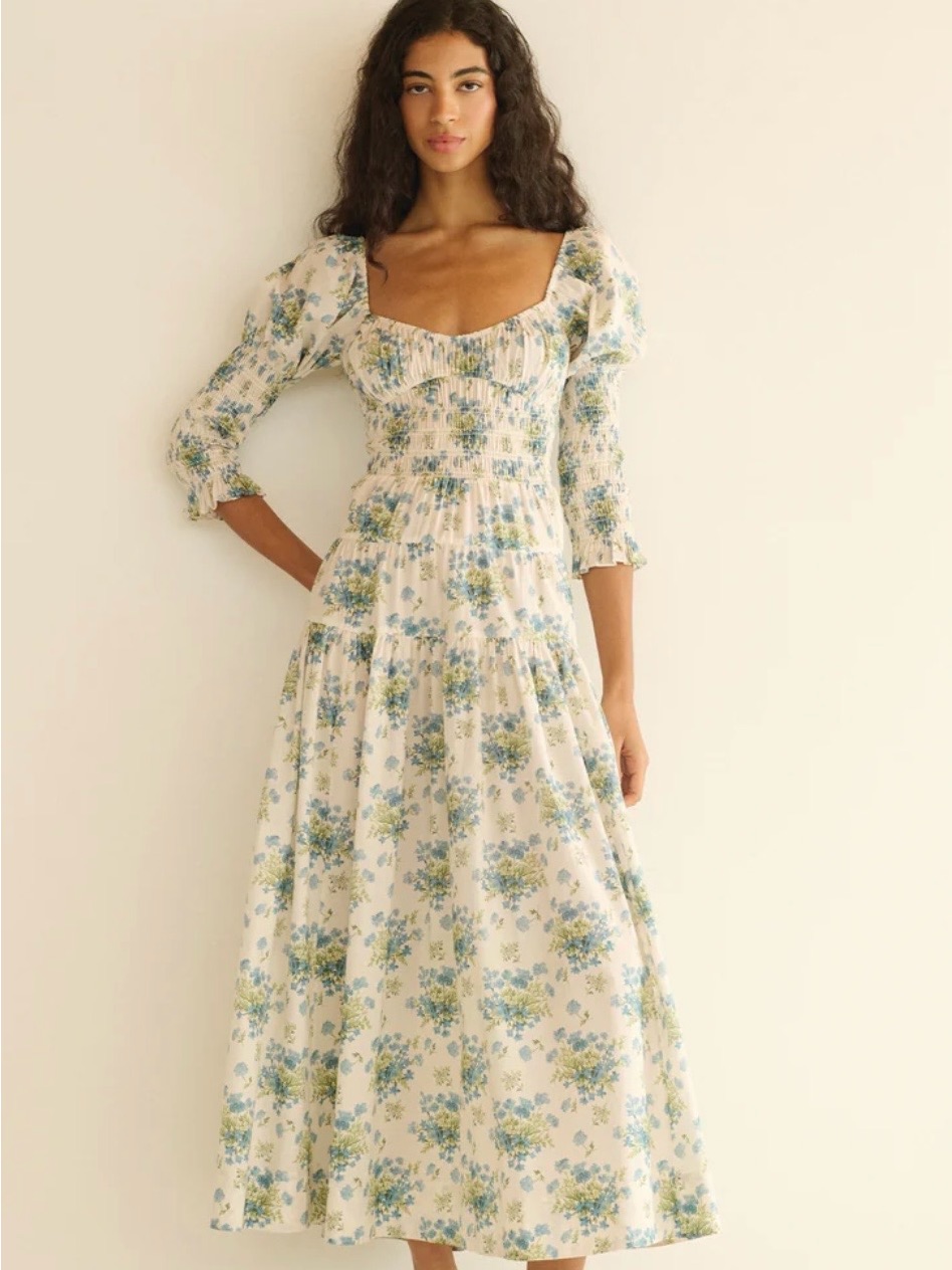 Doen Cream Maxi Dress With Blue And Green Floral Print